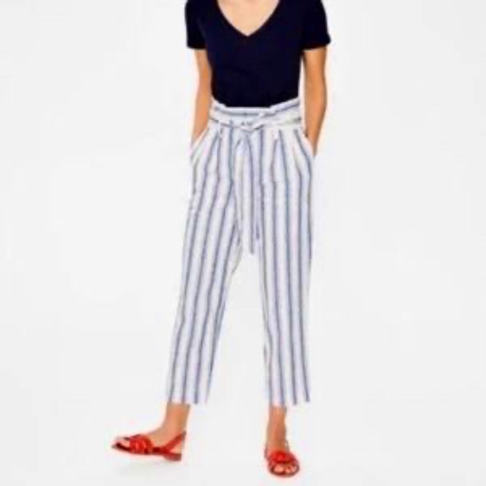 NWT Boden Blue Striped Linen Blend High Rise Paper Bag Waist Belted Pants Sz 14